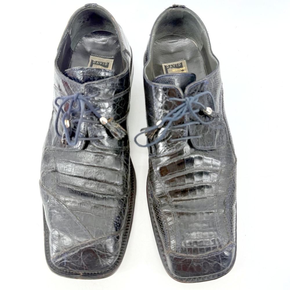 David Eden Exotic Skin Oxford Mens 11 Handmade Navy Blue Croc Lizard Square Toe